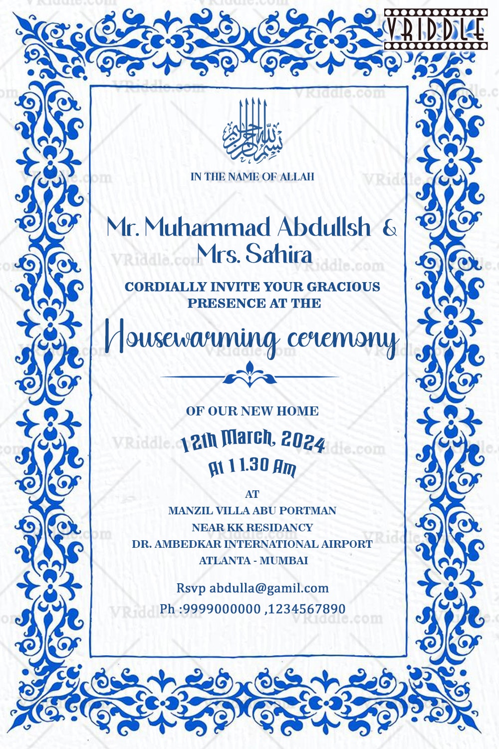 Housewarming Invitation with Royal Blue Islamic Patterns and Classic Floral Frame