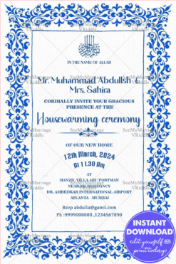 Housewarming Invitation with Royal Blue Islamic Patterns and Classic Floral Frame