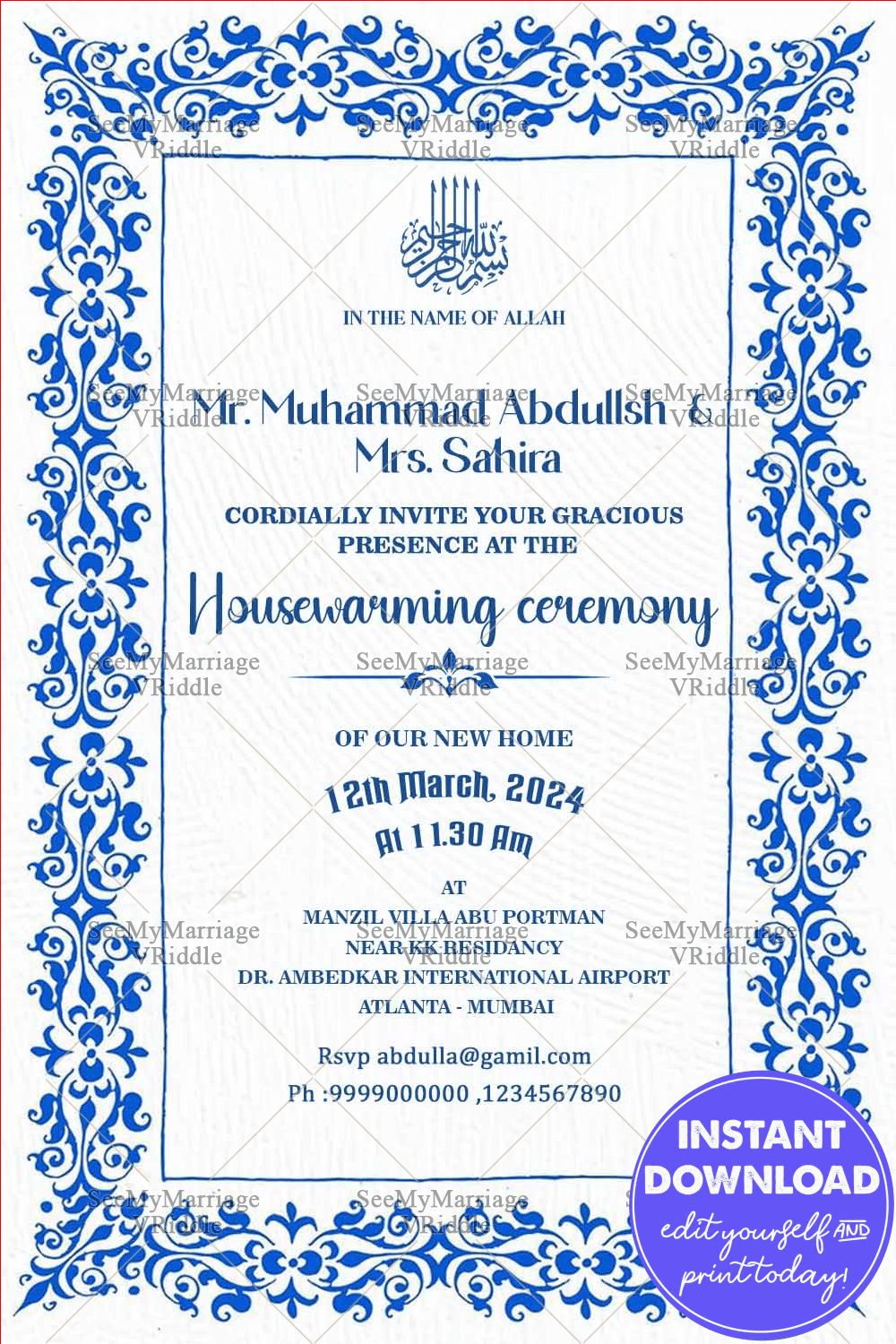 Housewarming Invitation with Royal Blue Islamic Patterns and Classic Floral Frame