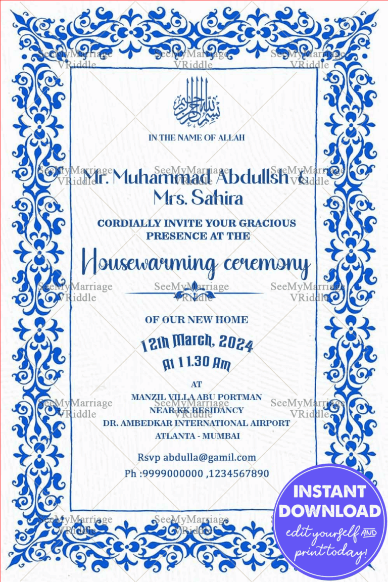 Housewarming Invitation with Royal Blue Islamic Patterns and Classic Floral Frame