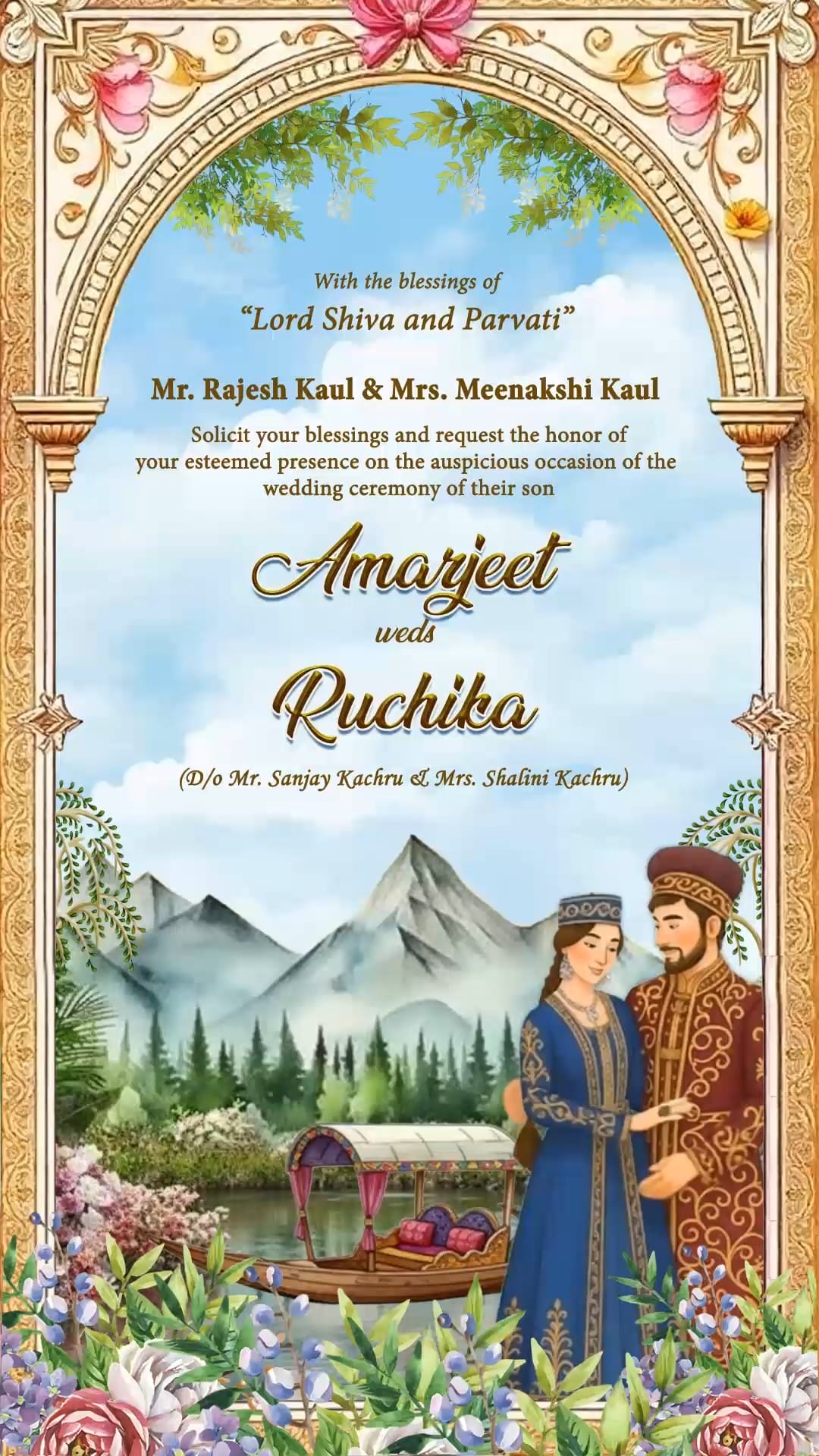 Kashmiri Wedding Invitation Video with Couple Illustration, Shikara Backdrop and Maenz Raat, Reception