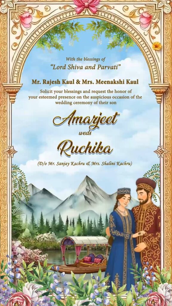 Kashmiri Wedding Invitation Video with Couple Illustration, Shikara Backdrop and Maenz Raat, Reception