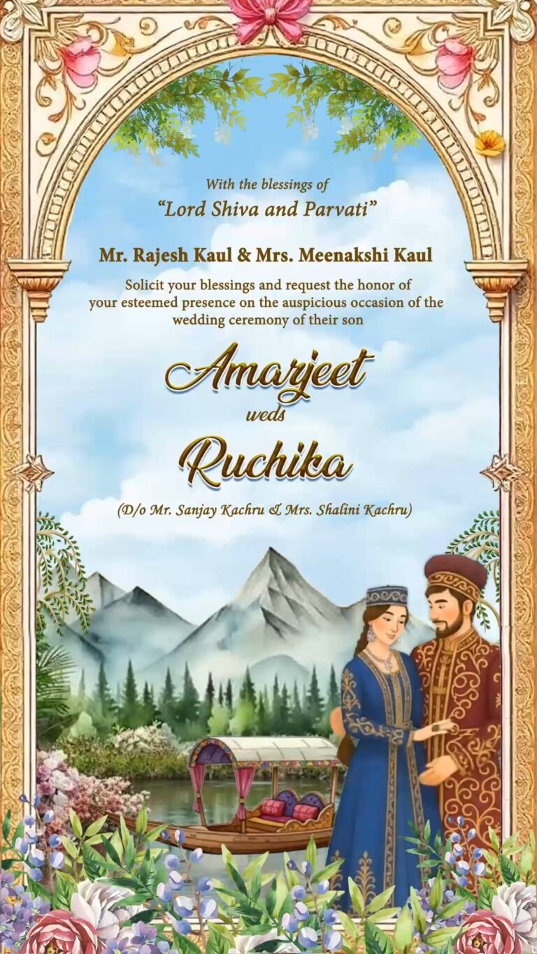 Kashmiri Wedding Invitation Video with Couple Illustration, Shikara Backdrop and Maenz Raat, Reception