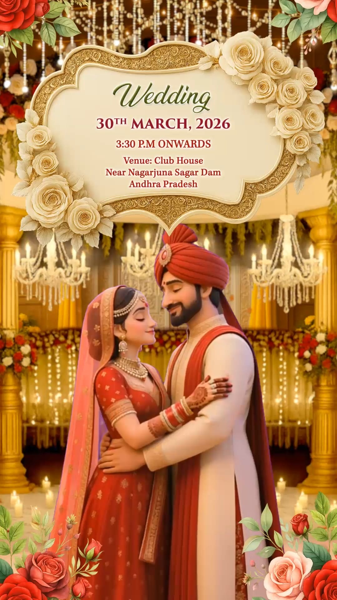 Love in Full Bloom Indian Wedding Invitation Video with Animated Couple, Royal Decor and Mehndi, Haldi, Reception