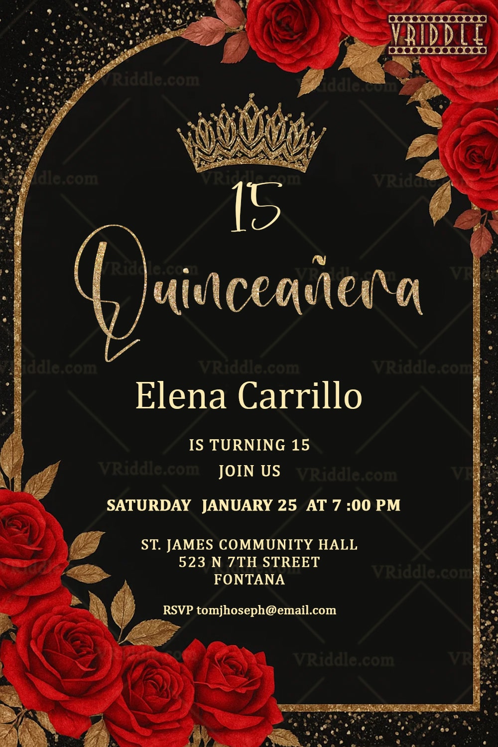 Luxurious Black & Gold Quinceañera Invitation Adorned with Glittering Crown, Bold Red Roses