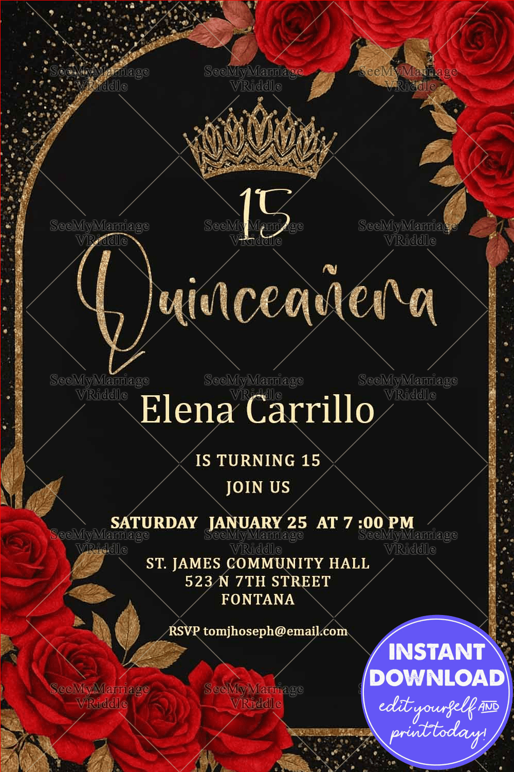 Luxurious Black & Gold Quinceañera Invitation Adorned with Glittering Crown, Bold Red Roses