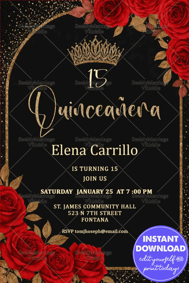 Luxurious Black & Gold Quinceañera Invitation Adorned with Glittering Crown, Bold Red Roses