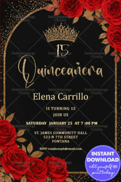 Luxurious Black & Gold Quinceañera Invitation Adorned with Glittering Crown, Bold Red Roses