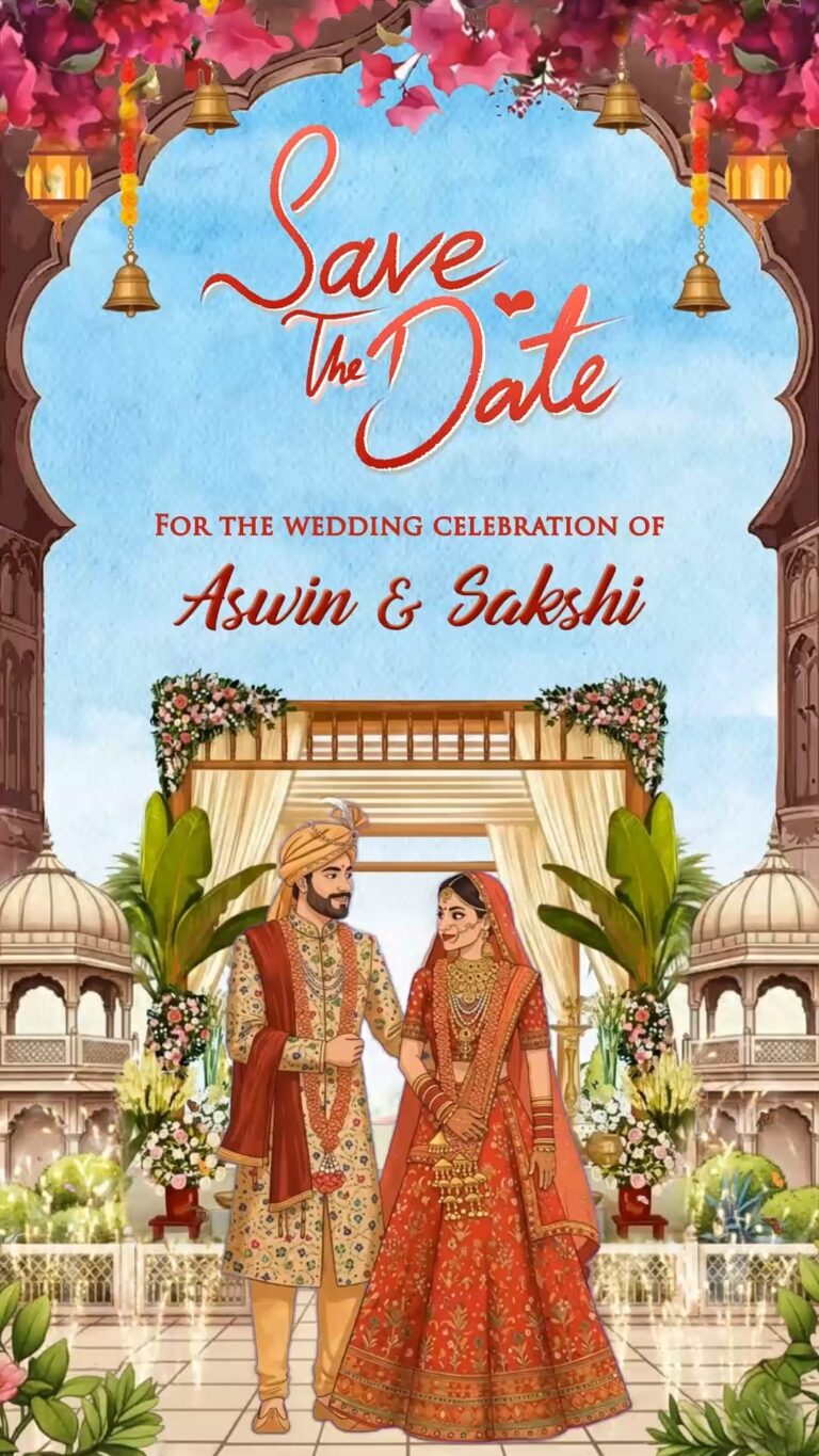 Majestic Royal North Indian Wedding Save the Date Video with Couple Illustration and Lush Floral Decor