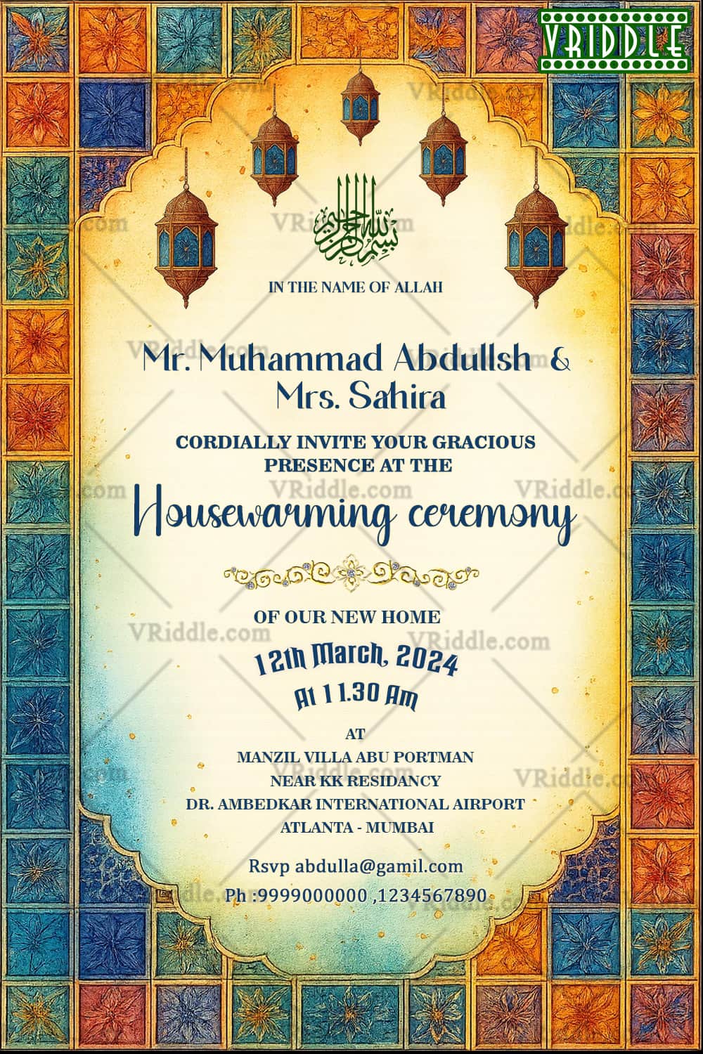 Multicolored Floral Housewarming Invitation with Ornate Islamic Arch Motif and Hanging Lanterns