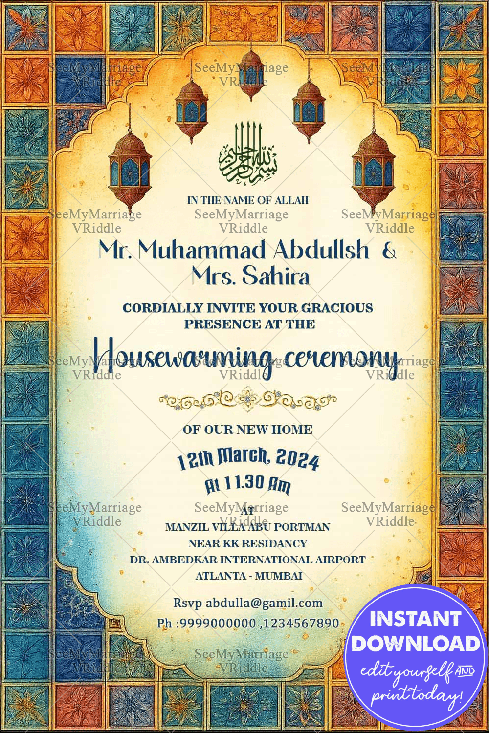 Multicolored Floral Housewarming Invitation with Ornate Islamic Arch Motif and Hanging Lanterns