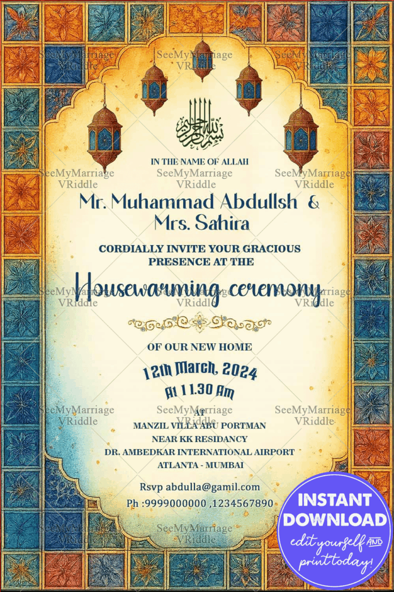 Multicolored Floral Housewarming Invitation with Ornate Islamic Arch Motif and Hanging Lanterns