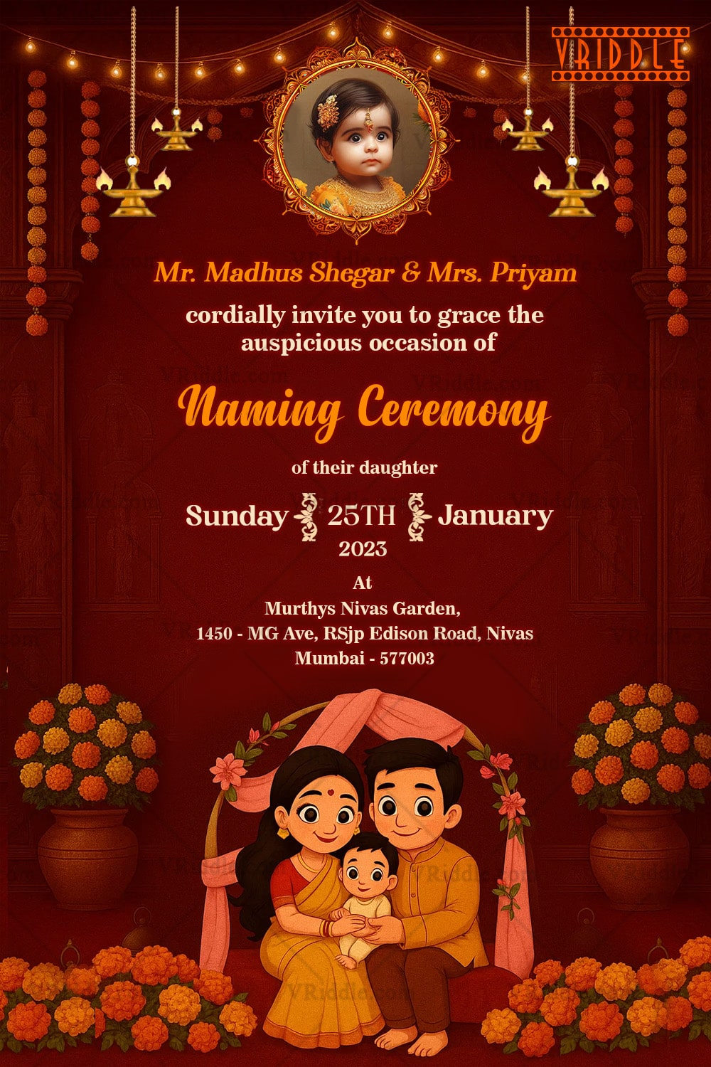Naming Ceremony Invitation With Add Image Option, Marigold Decor, Family Illustration in Deep Maroon BG