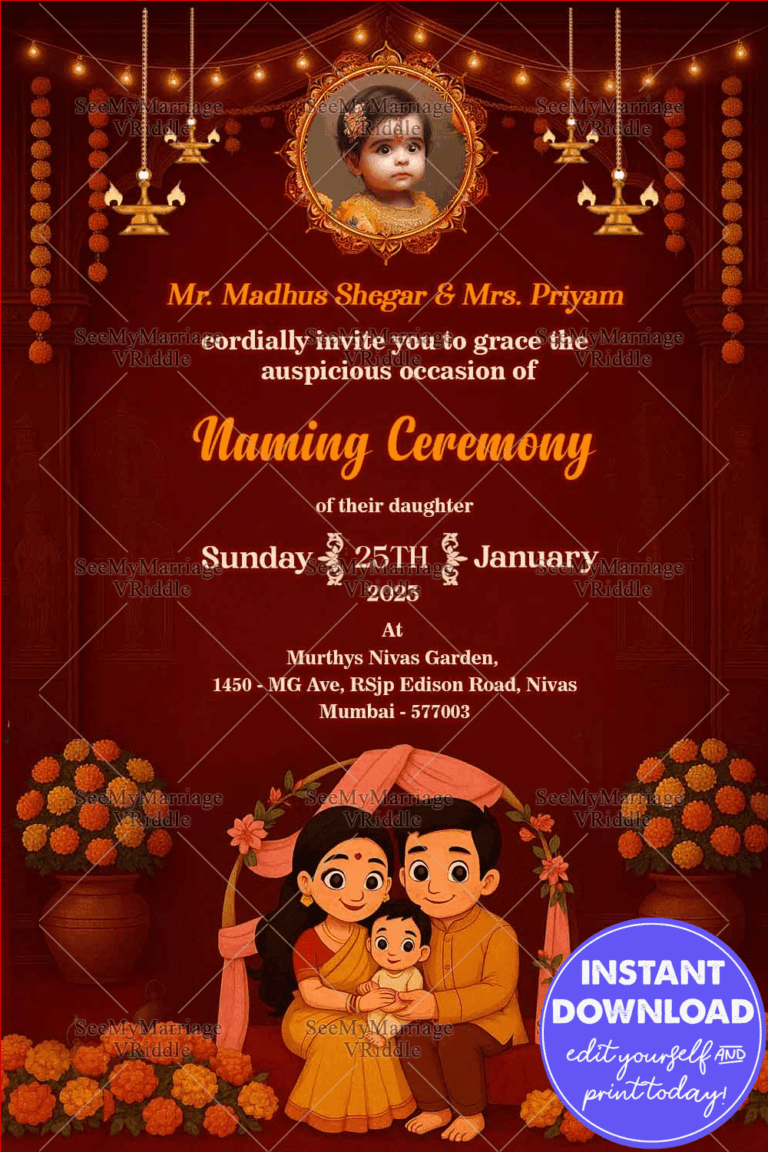 Naming Ceremony Invitation With Add Image Option, Marigold Decor, Family Illustration in Deep Maroon BG