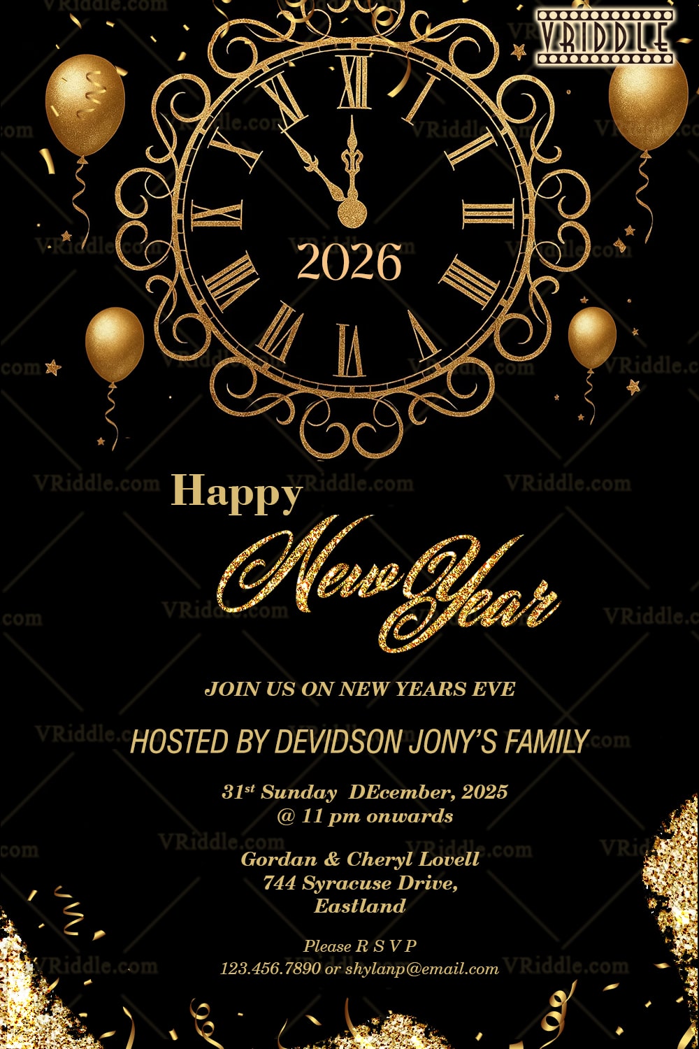 New Year’s Eve Party Invitation with Golden Clock & Sparkle Theme