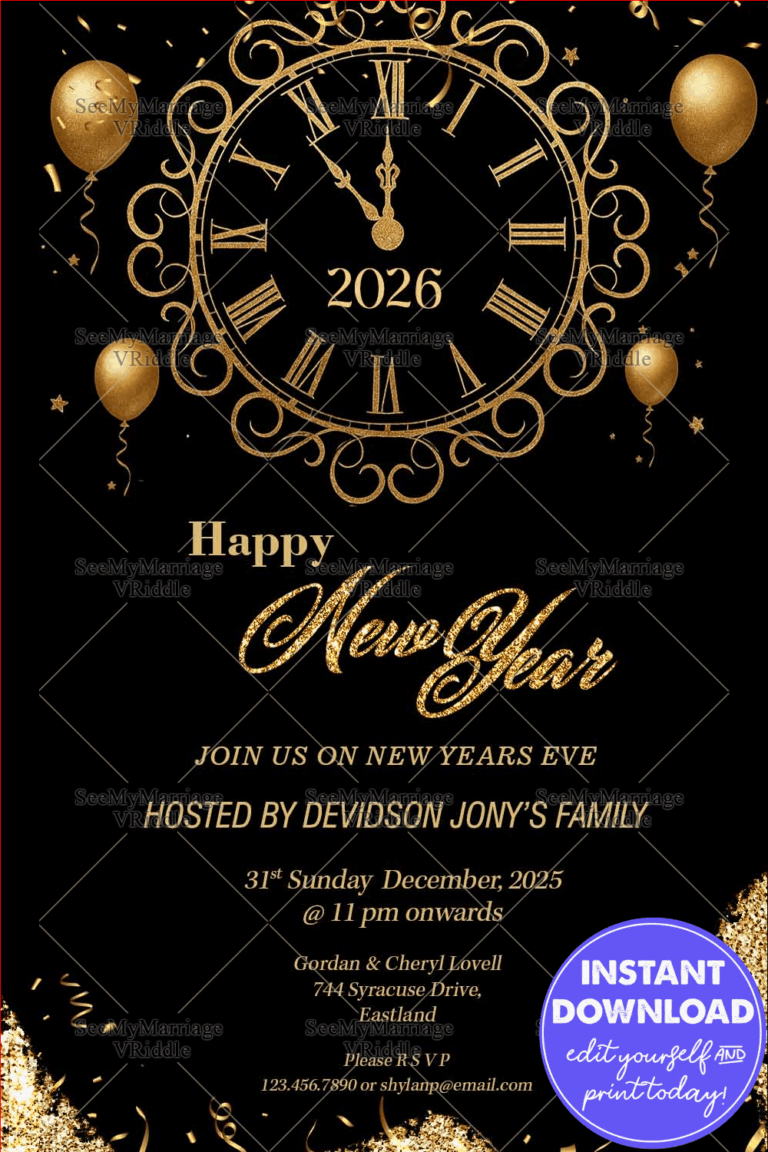 New Year’s Eve Party Invitation with Golden Clock & Sparkle Theme