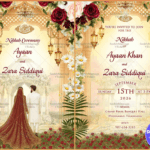 Nikkah Invitation with Floral Arch, Bride & Groom Silhouettes, and Ornate Mughal-Inspired Detailing