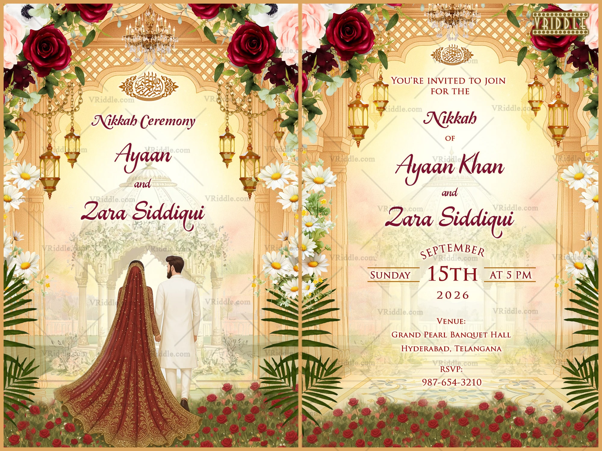 Nikkah Invitation with Floral Arch, Bride & Groom Silhouettes, and Ornate Mughal-Inspired Detailing