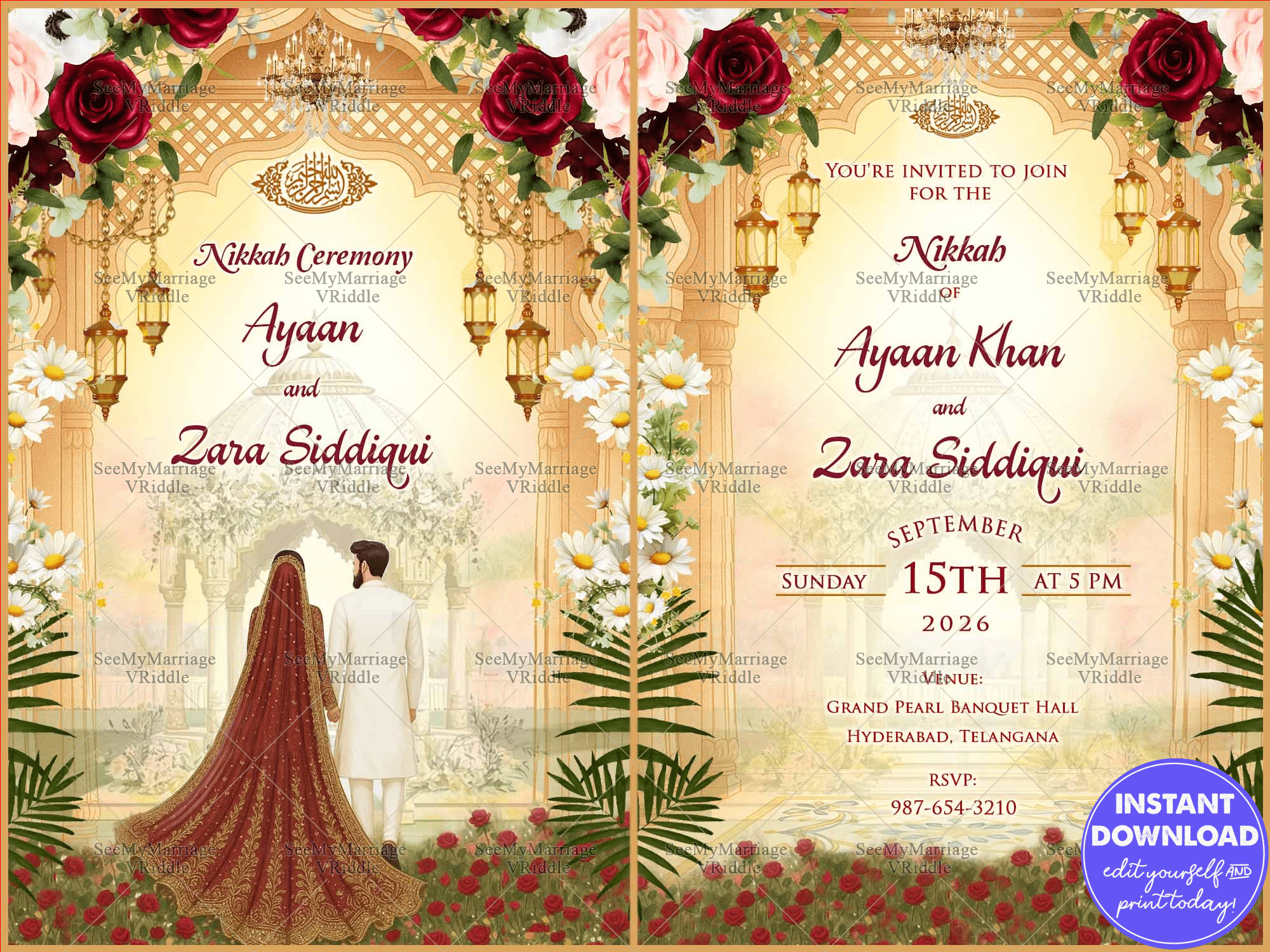 Nikkah Invitation with Floral Arch, Bride & Groom Silhouettes, and Ornate Mughal-Inspired Detailing