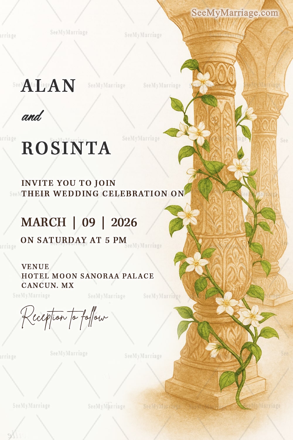 Ornate Pillars White Floral Wedding Invitation with Vine Tree Flower and Soft Background