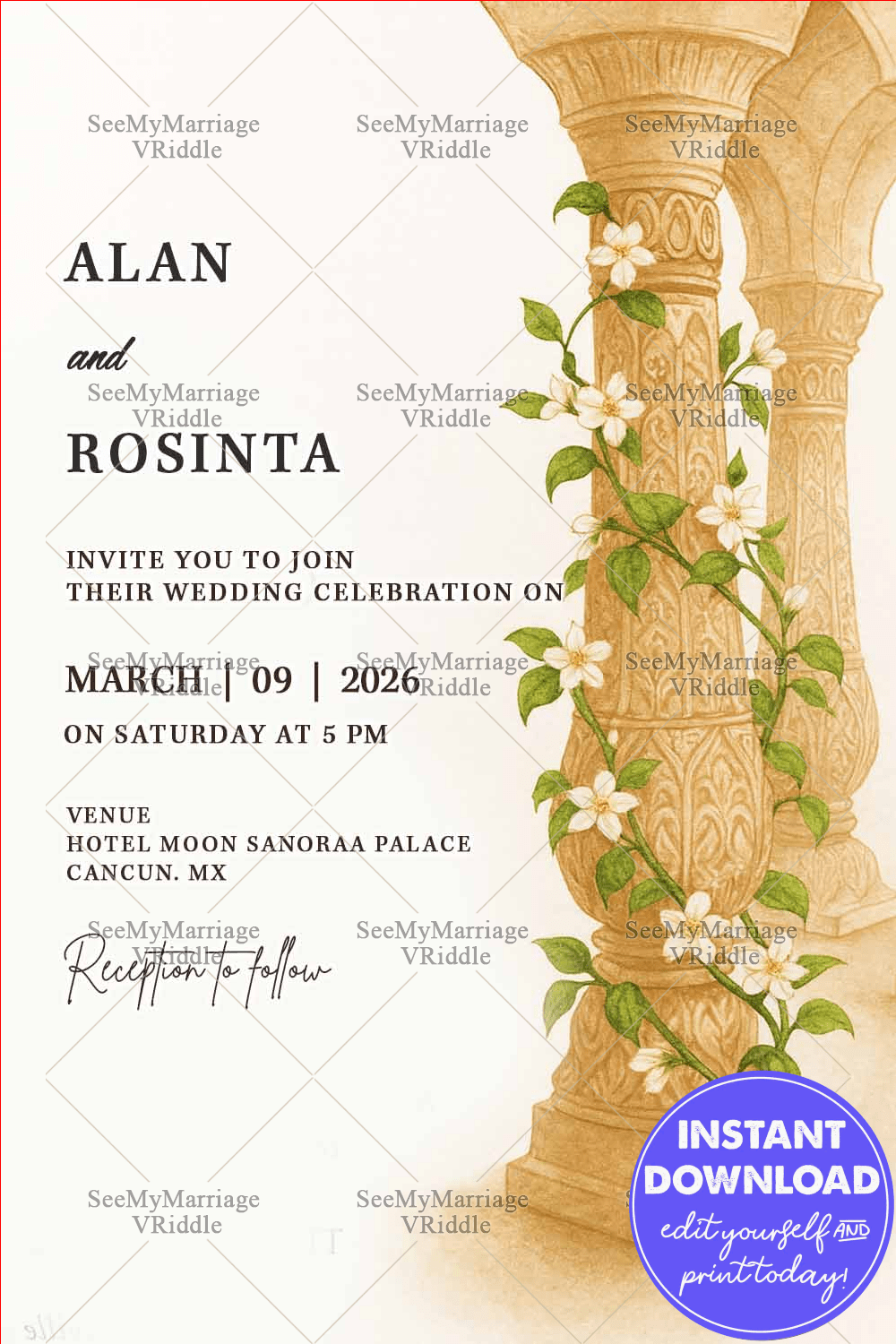 Ornate Pillars White Floral Wedding Invitation with Vine Tree Flower and Soft Background