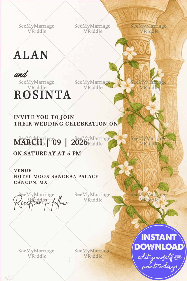 Ornate Pillars White Floral Wedding Invitation with Vine Tree Flower and Soft Background