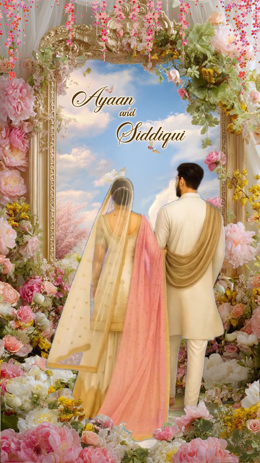 Pastel Blooming Garden Islamic Wedding Invitation Video with Butterfly and Couple in Traditional Attire