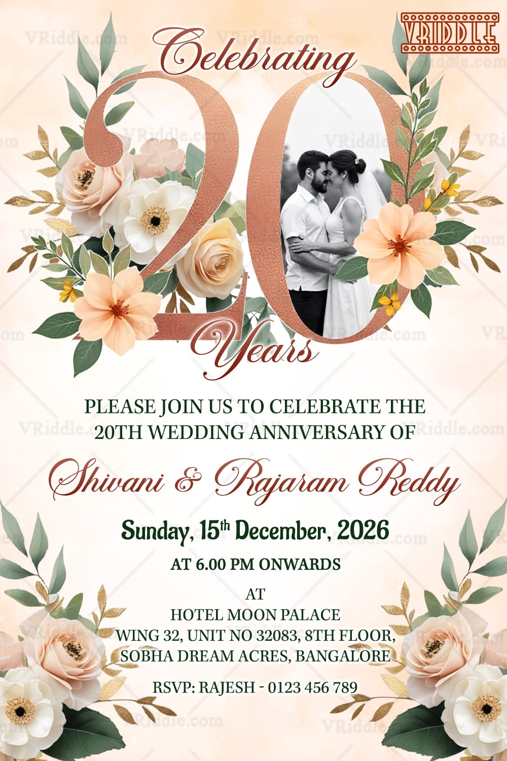 Pastel Flower Accents 20th Wedding Anniversary Invitation Card with Add Photo in Numeral Design