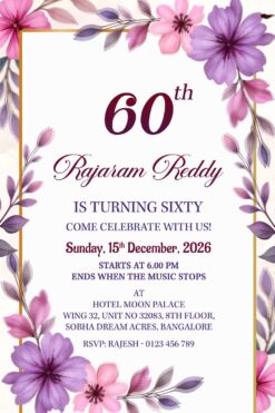 Pastel Purple and Pink 60th Birthday Invitation Video with Elegant Floral Borders