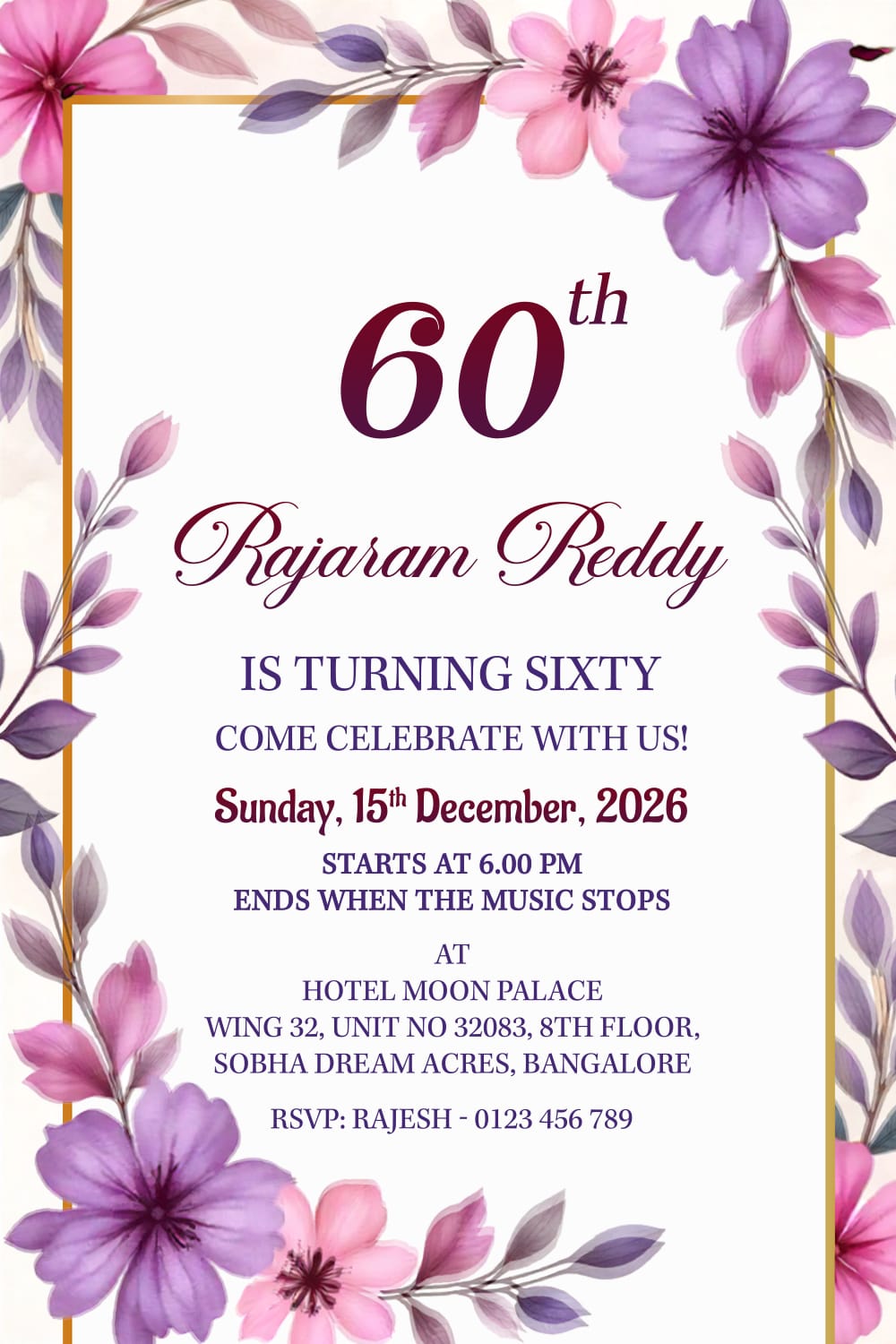 Pastel Purple and Pink 60th Birthday Invitation Video with Elegant Floral Borders