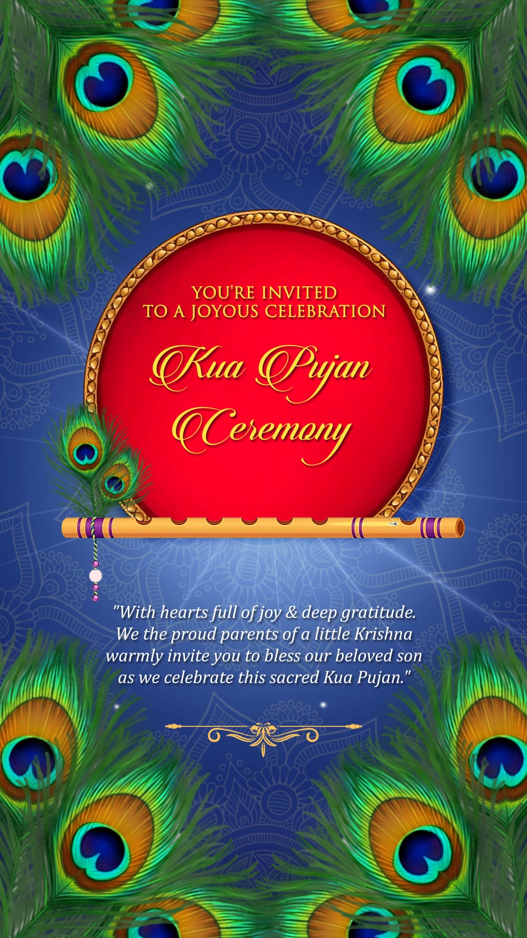 Peacock Feathers Kua Pujan Ceremony Invitation Video with Divine Krishna and Mandala Art