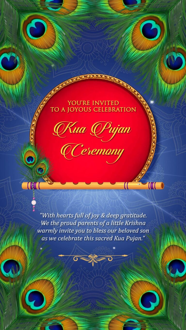 Peacock Feathers Kua Pujan Ceremony Invitation Video with Divine Krishna and Mandala Art
