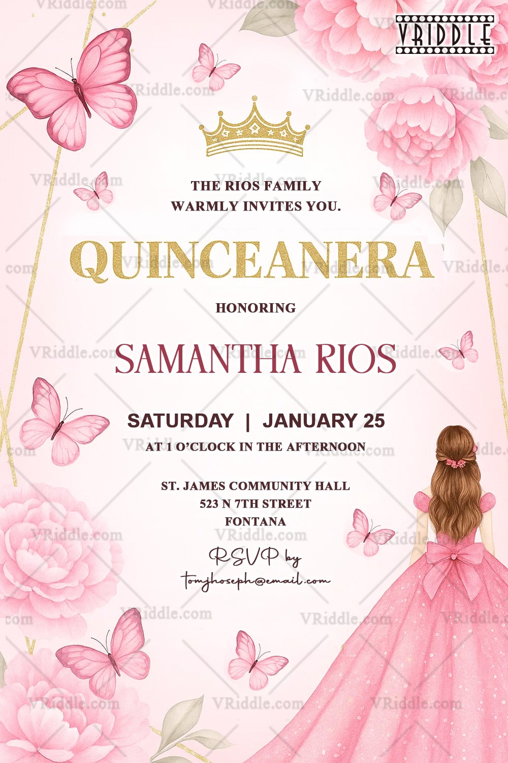 Pink Floral Quinceañera Invitation with Butterflies & Elegant Princess Gown Illustration