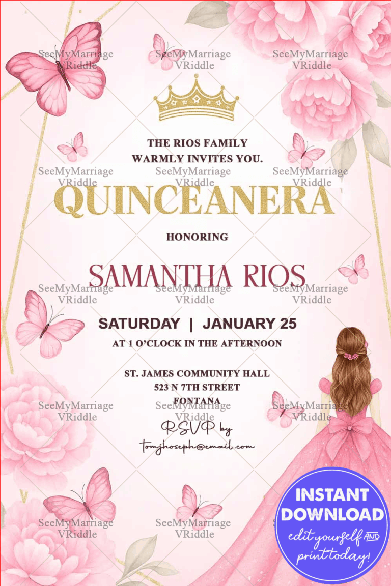 Pink Floral Quinceañera Invitation with  Butterflies & Elegant Princess Gown Illustration