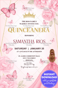 Pink Floral Quinceañera Invitation with  Butterflies & Elegant Princess Gown Illustration