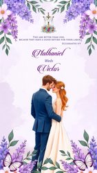 Purple Wisteria Flowers Christian Wedding Invitation Video with Couple Illustration and Reception, Save The Date