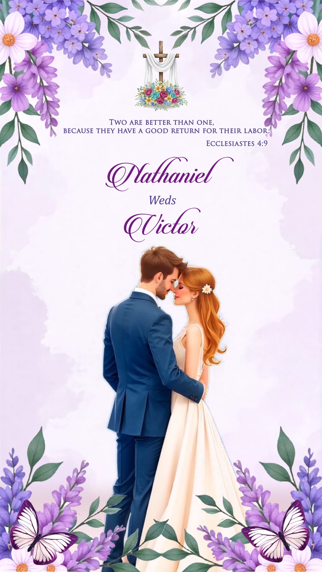 Purple Wisteria Flowers Christian Wedding Invitation Video with Couple Illustration and Reception, Save The Date
