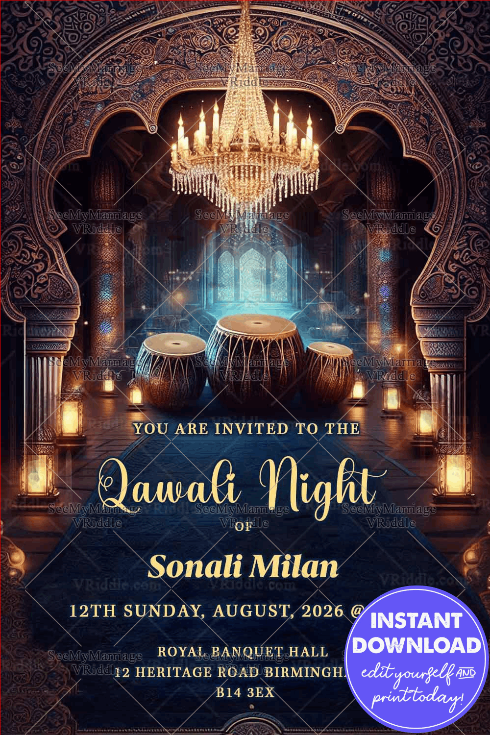 Qawali Night Invitation with Royal Indo-Islamic Décor and Musical Ambiance