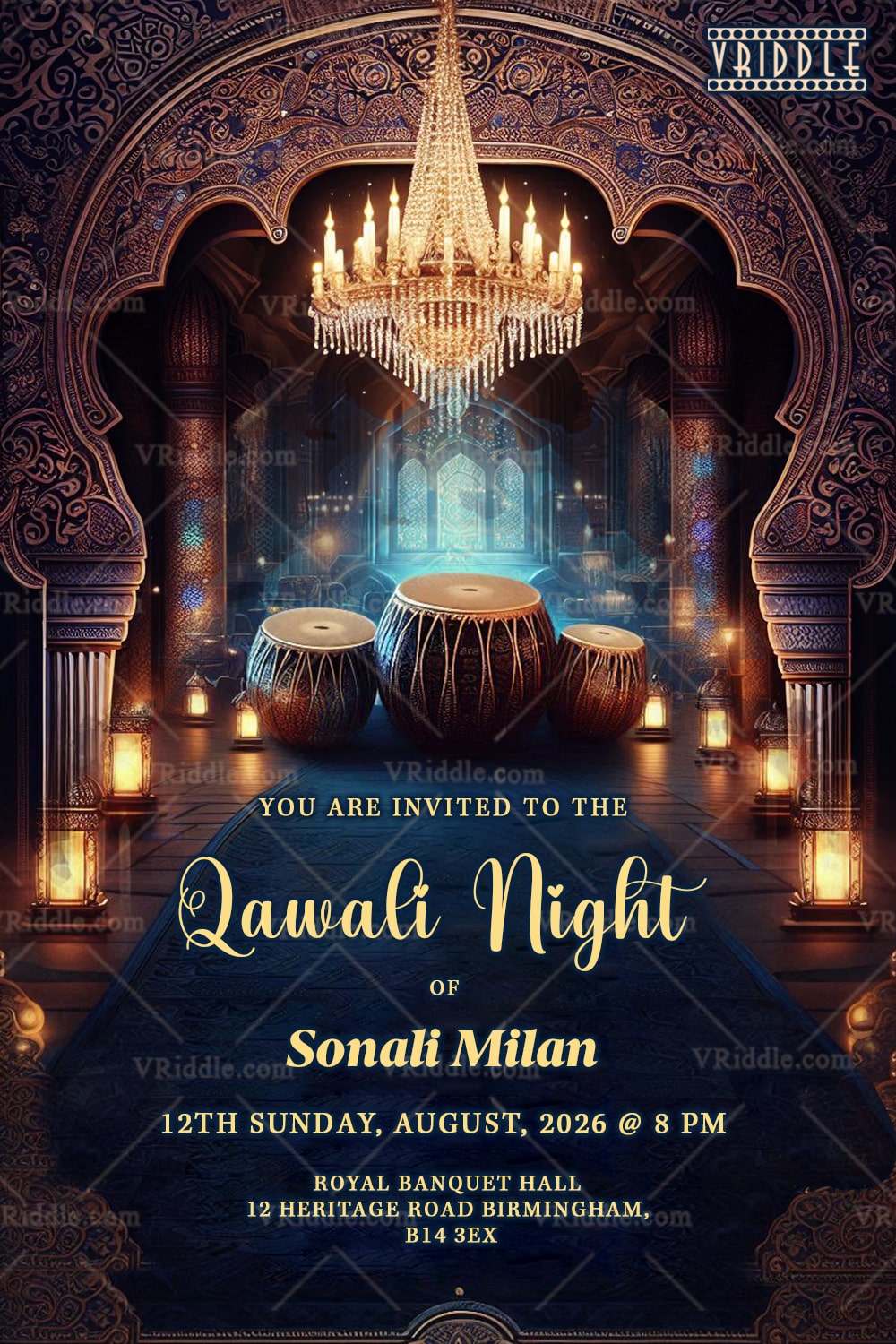 Qawali Night Invitation with Royal Indo-Islamic Décor and Musical Ambiance