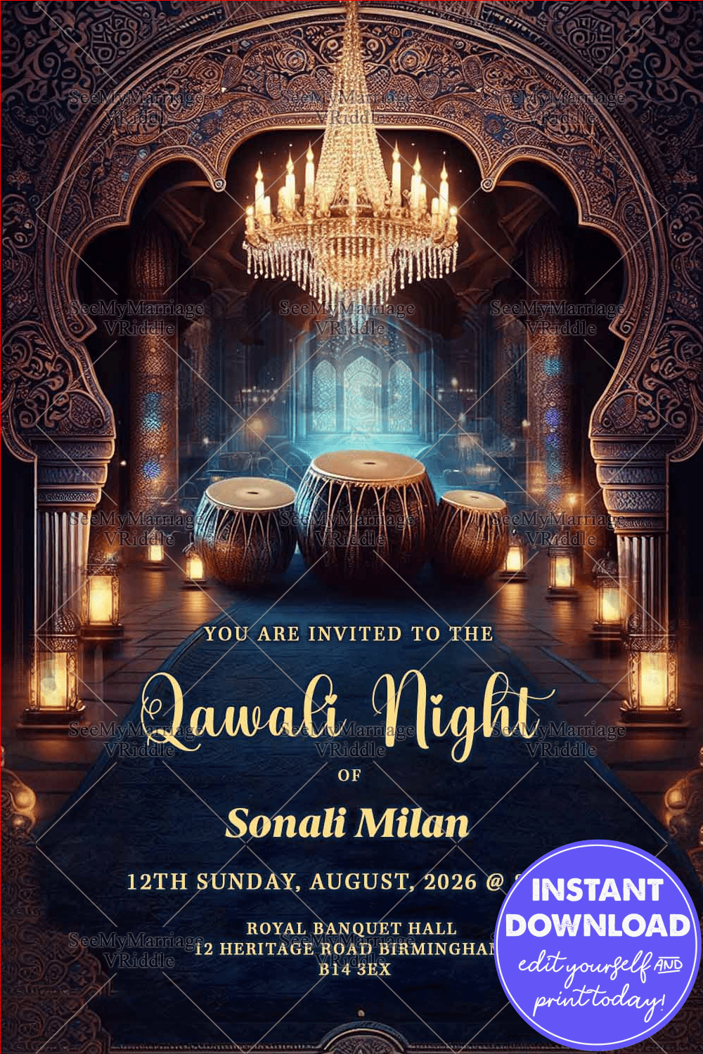 Qawali Night Invitation with Royal Indo-Islamic Décor and Musical Ambiance