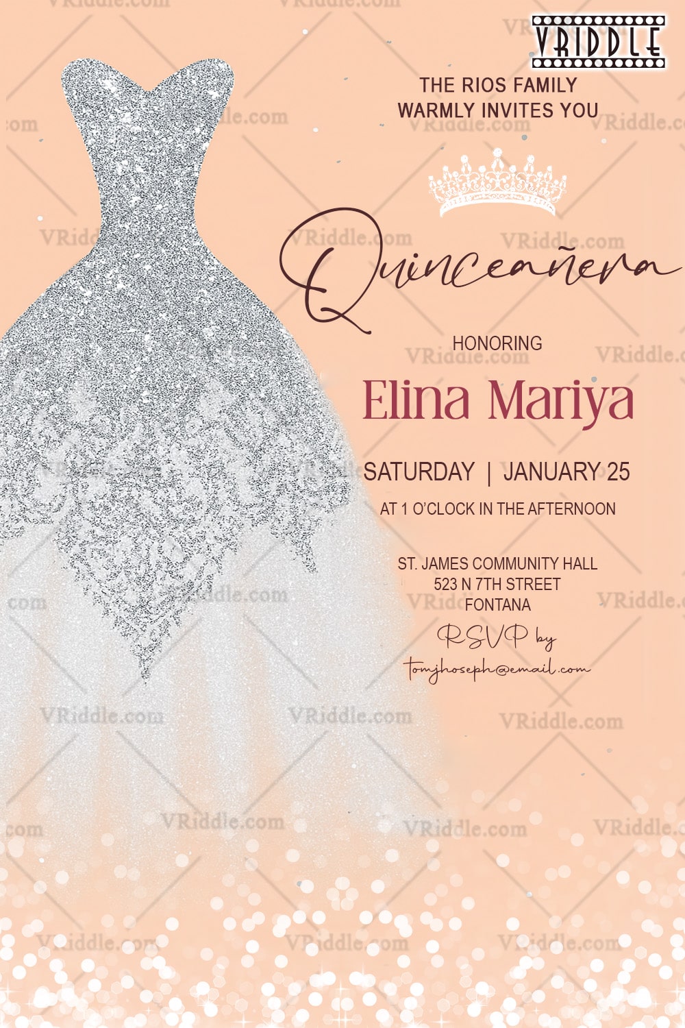 Quinceañera Invitation with Sparkling Silver Gown, Soft Peach Background & Crown Motif