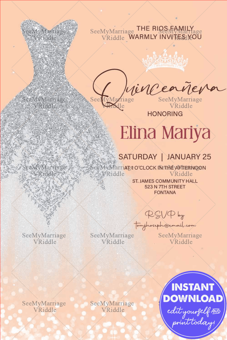 Quinceañera Invitation with Sparkling Silver Gown, Soft Peach Background & Crown Motif
