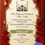 Red Rose Islamic Housewarming Invitation with Mosque Illustration, Ornate Arch Frame Accents