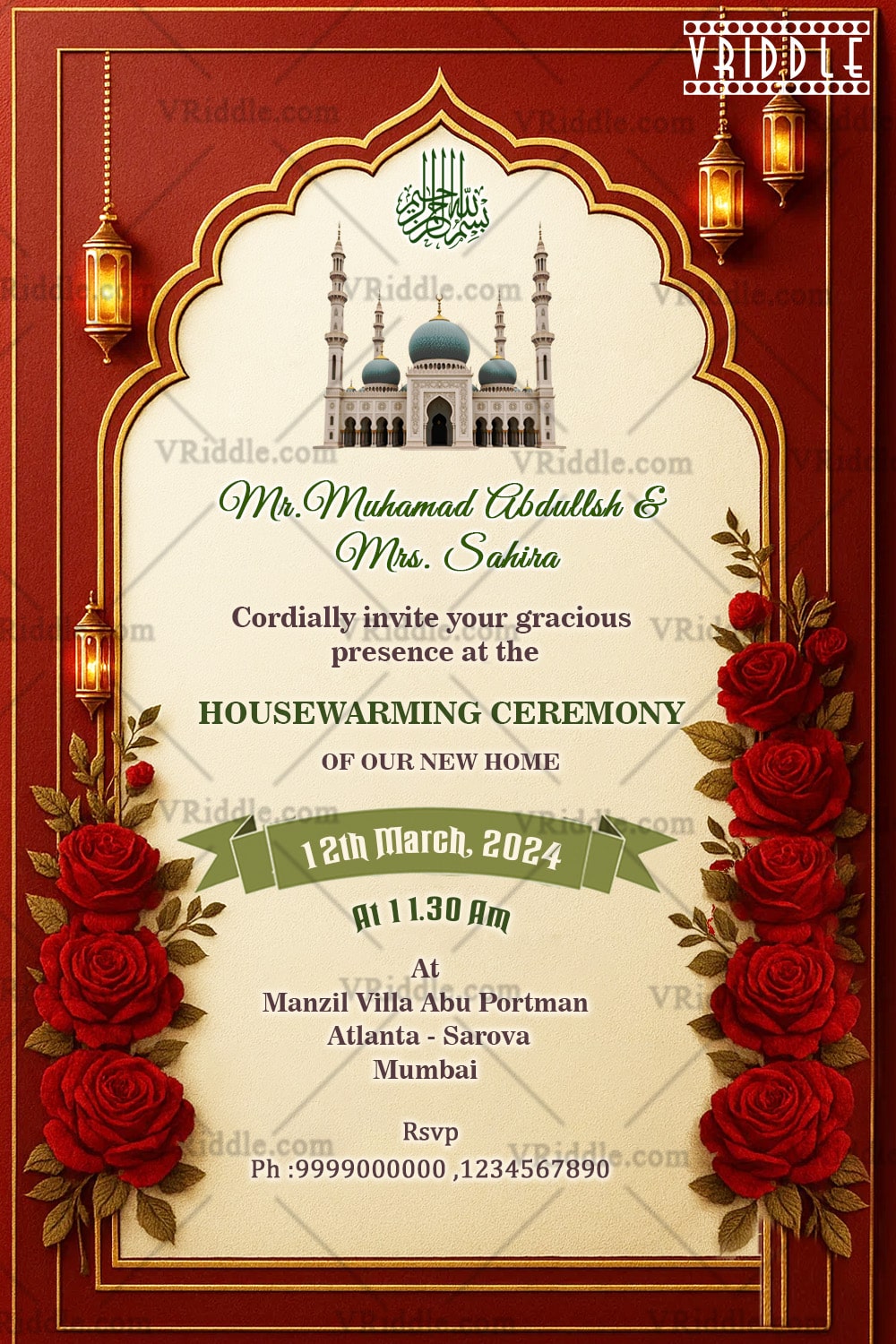 Red Rose Islamic Housewarming Invitation with Mosque Illustration, Ornate Arch Frame Accents