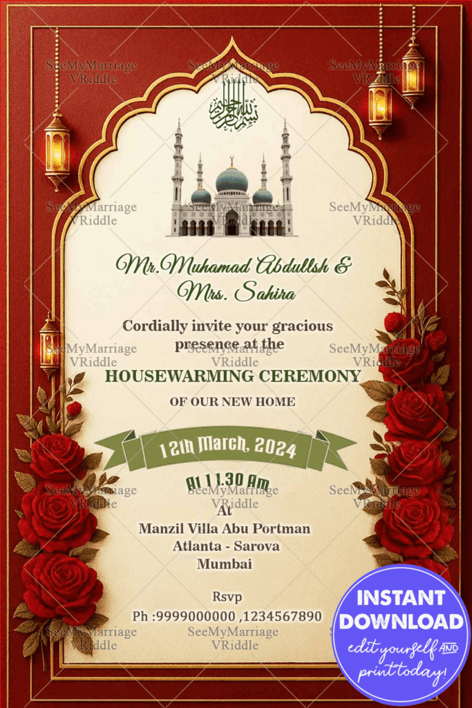 Red Rose Islamic Housewarming Invitation with Mosque Illustration, Ornate Arch Frame Accents