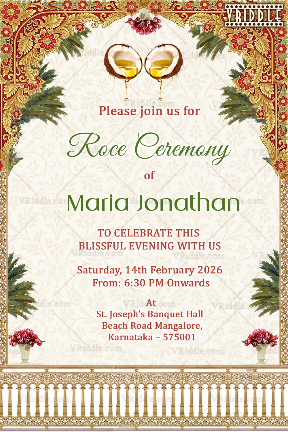 Traditional Roce Ceremony Invitation with Royal Arch, Coconut Motif & Floral Accents