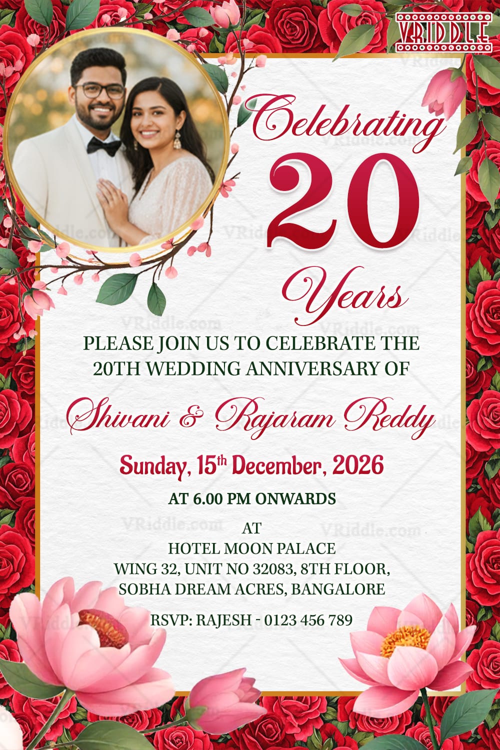 Romantic 20th Wedding Anniversary Invitation Card with Add Photo and Red Rose, Pink Lotus BG