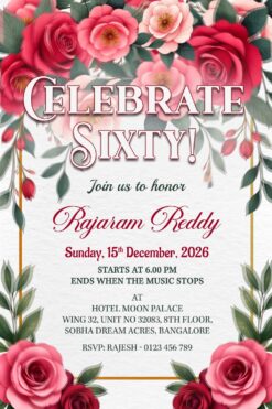 Rose Floral 60th Birthday Invitation Video with a Joyful Party Theme and a Touch of Whimsy