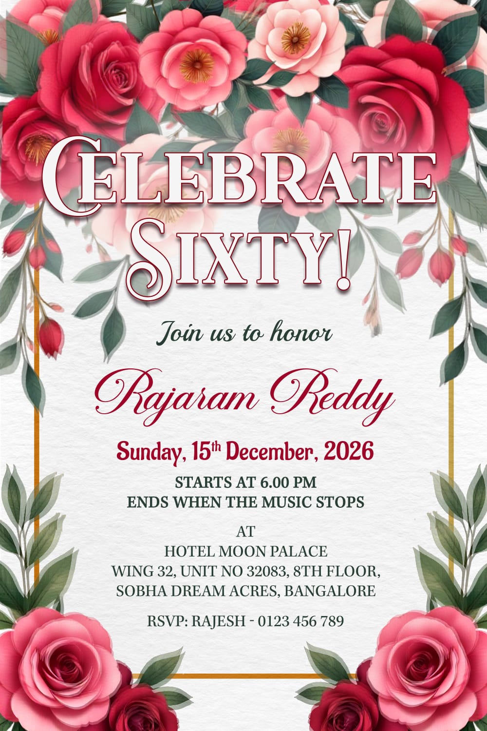 Rose Floral 60th Birthday Invitation Video with a Joyful Party Theme and a Touch of Whimsy