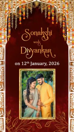 Royal Maroon BG Indian Wedding Invitation Video with Add Photo, Mandap Elements, Sacred Rituals and Couple Illustration